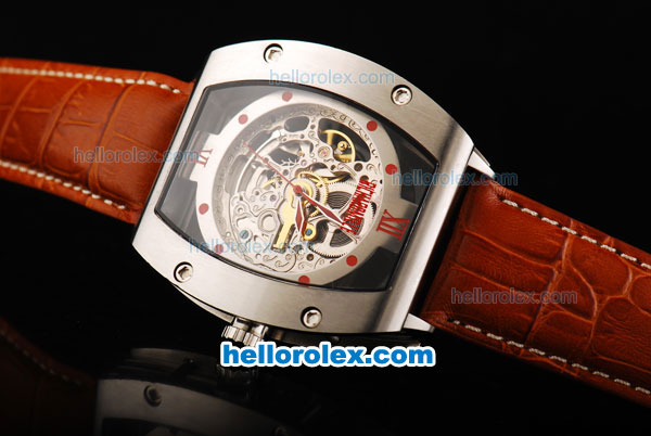 Richard Mille RM 007 Automatic Movement Steel Case with Red Dot Markers and Brown Leather Strap - Click Image to Close